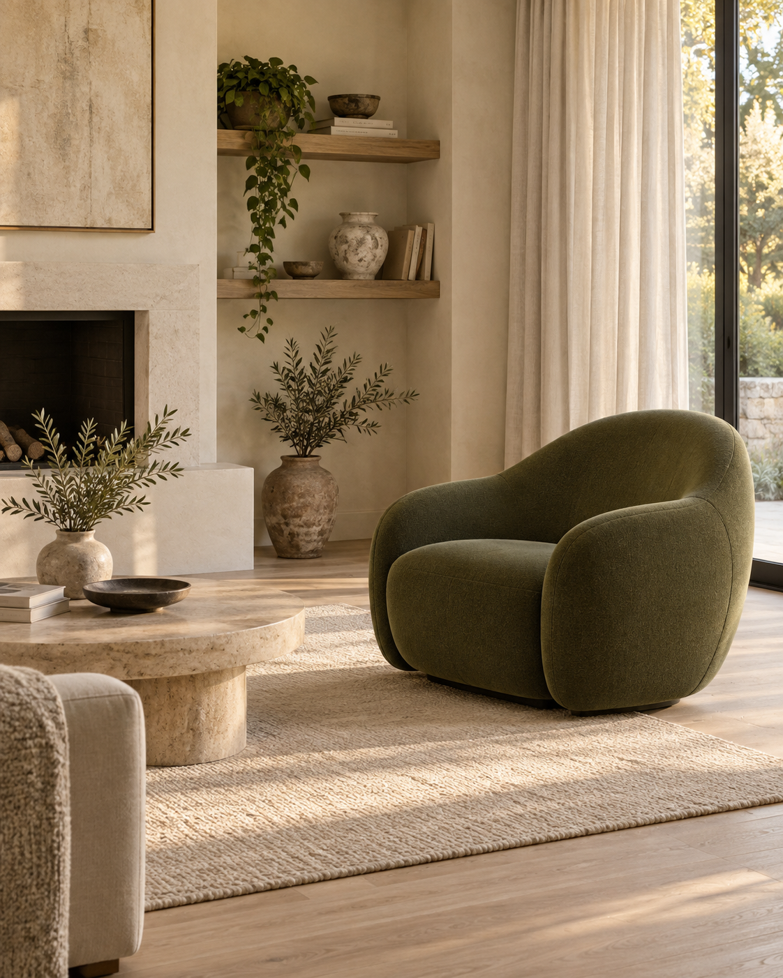 A warm living room with a statement chair